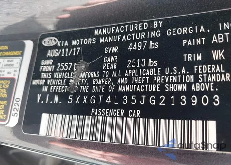 2018 Kia Optima S из США, поврежденный, VIN 5XXGT4L35JG213903